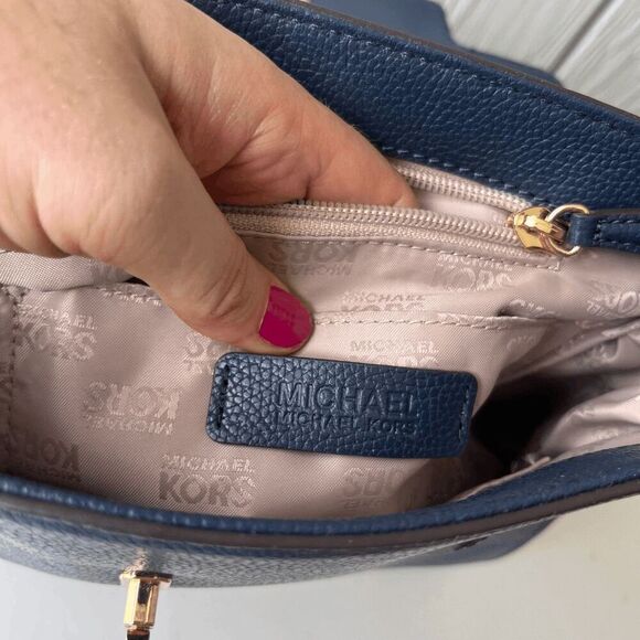 Michael Kors Navy Leather Satchel Crossbody Bag Gold Hardware Top Handle - Picture 5 of 15